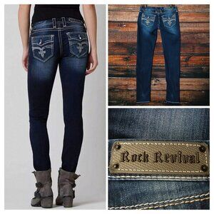 Rock Revival Jeans 28 Axteen Skinny Low Rise Embellished Dark Blue Denim Stretch
